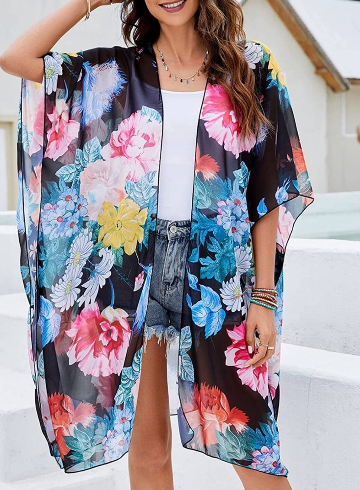 Vibrant floral sheer beach cover up XL